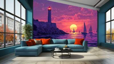 Lighthouse on a Coastal Cliff at Sunset with Sailboats in the Water Wall mural