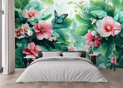 Lush Green Foliage with Delicate Pink Flowers and Colorful Butterflies Wall mural