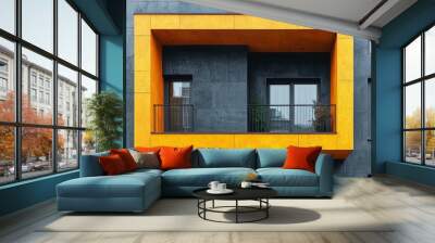 Modern Balcony With Yellow Frame On Grey Building Wall mural