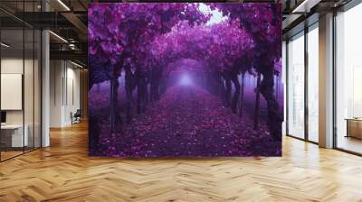 Purple Vines and Foggy Path in a Vineyard Wall mural