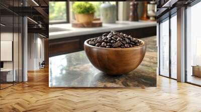 Roasted Coffee Beans in a Wooden Bowl on a Countertop Wall mural