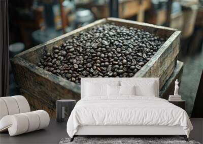 Roasted Coffee Beans in a Wooden Crate Wall mural