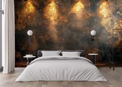 Rustic Wooden Floor with Three Spotlights Illuminating a Distressed Wall Wall mural