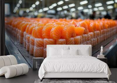 Salmon fillets on a conveyor belt in a food processing plant Wall mural