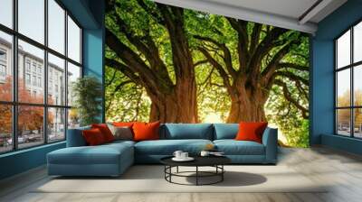 Sunlight Shining Through the Branches of Two Large Trees Wall mural