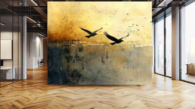 Two Black Birds Flying Against a Golden Abstract Background Wall mural