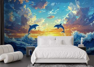 Two Dolphins Leap Over Ocean Waves at Sunset Wall mural