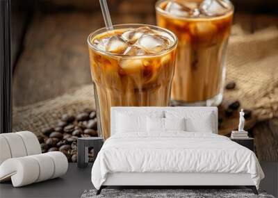 Two Glasses of Iced Coffee with Ice Cubes and Coffee Beans Wall mural