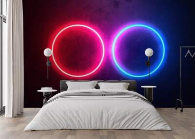 Two Glowing Neon Circles on a Dark Textured Wall Wall mural