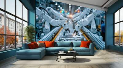 Two Robotic Arms Working on an Assembly Line in a Factory Wall mural