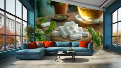 White Pills on Wooden Cutting Board with Mint Leaves and Tea Wall mural