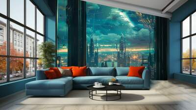 View from the window of a futuristic urban alien landscape Wall mural