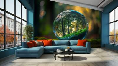 Close up of a glass globe in the forest. Environmental conservation concept. Landscape. Generative ai Wall mural