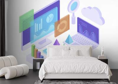 Concept business analytics, strategy of data financial graphs or diagrams. Financial review, Analysis data and Investment. 3d isometric illustration. Wall mural