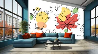 One line drawing vector leaves and arm. Single line foliage rowan, oak, maple. Minimalism outline art on color spots. Magic autumn Wall mural