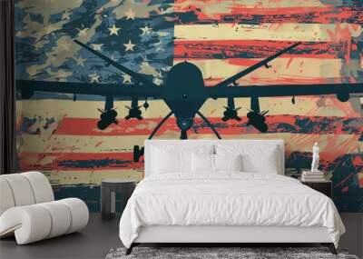 A striking illustration of a combat drone over the American flag, symbolizing military technology and patriotism. Wall mural