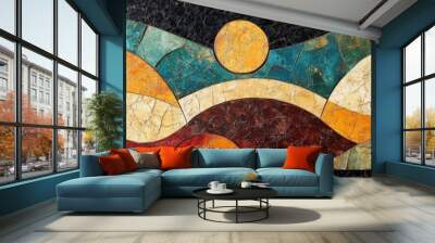 Abstract Art: Waves and Sun Design in Colorful Patterns Wall mural