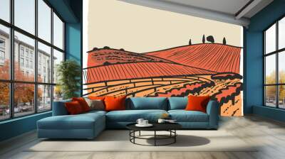 An artistic representation of a vineyard landscape in warm tones, great for winery themes, agricultural topics, and rustic decor. Wall mural