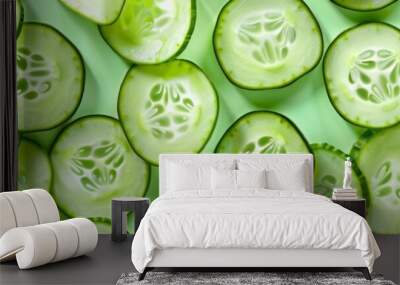 High-resolution image showcasing detailed slices of cucumber. Ideal for health and nutrition blogs, educational materials about vegetables, or as vibrant green design elements. Wall mural