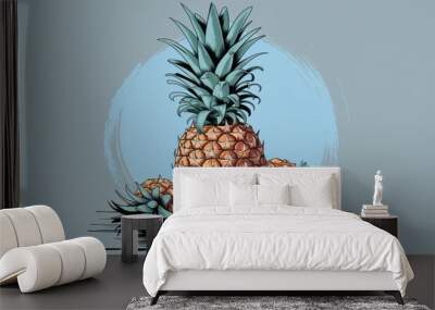 Illustrated Pineapples on a Blue Background Wall mural