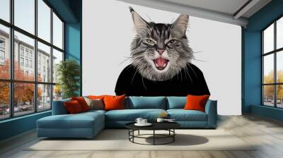 Illustration of a Cat in a T-shirt with a Fierce Expression Wall mural