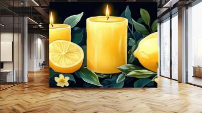 Lemon Arrangement with Candles and Flowers on Black Background Wall mural