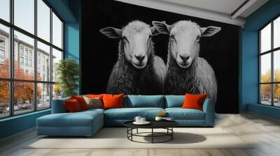 Portrait of Two Sheep on Black Background Wall mural