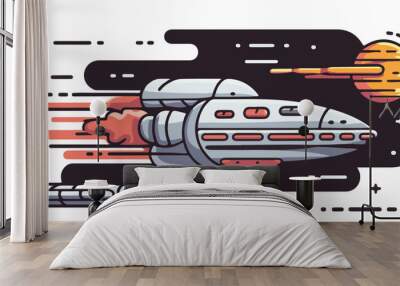 Retro Rocket in Space with Planet and Stars Wall mural