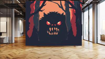 Scary creature in the woods with glowing red eyes under a red and black sky Wall mural