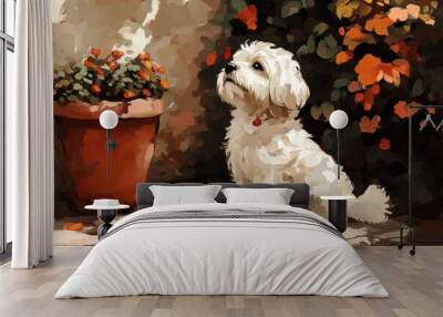 Whimsical Dog Amidst Colorful Garden Flowers Wall mural