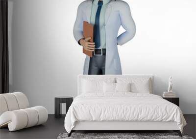 Professional Doctor in 3D. A male doctor stands with his right hand carrying a clipboard in front of his stomach while his left hand is behind his body. Male Wall mural