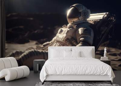 Astronaut Relaxing in Space: Embark on a Science Fiction Adventure with Lone Explorer in Blue Space Suit Sitting on Moon Rock Chair, Gazing at Planet and Stars Futuristic Technology Illustration Wall mural