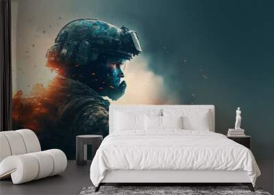 apocalyptic character with gas mask, futuristic soldier with burning background, generative ai Wall mural