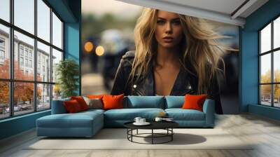 biker girl with flowing blonde hair and leather jacket
 Wall mural