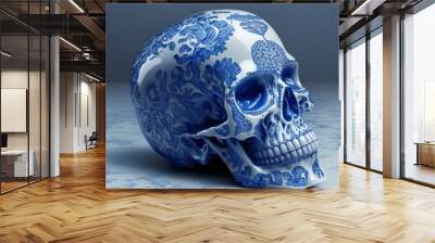 clean human skull out of white and blue porcelain isolated on clean background, template, generative ai Wall mural