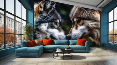 closeup of two wolves aggressive look into each other's eyes, wolf versus wolf, wolf vs wolf, opposite, generative ai
 Wall mural