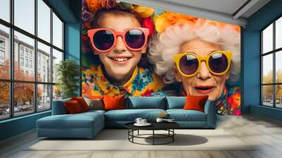 cool old grandmother with hat and grandson, crazy colorful lifestyle concept Wall mural