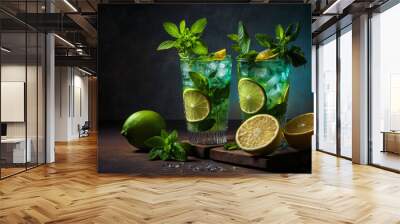 Fresh mojito mint cocktails with lime and brown sugar. Two glasses of mojito cocktail with fresh mint and lime juice. Fresh alcoholic rum mojitos on wooden table with green lime slices, generative ai Wall mural