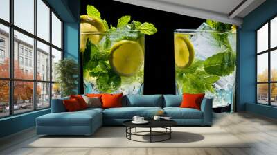 Fresh mojito mint cocktails with lime and brown sugar. Two glasses of mojito cocktail with fresh mint and lime juice. Fresh alcoholic rum mojitos on wooden table with green lime slices, generative ai Wall mural