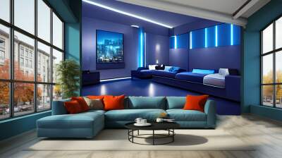 interior design in blue tones, science fiction architecture, modern living room, futuristic design apartment,fictional interior made with generative ai Wall mural