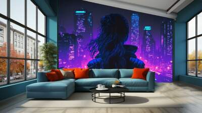 science fiction scenery, young girl with a backpack on the roof in a futuristic city in the night, purple lights,fictional person made with generative ai Wall mural