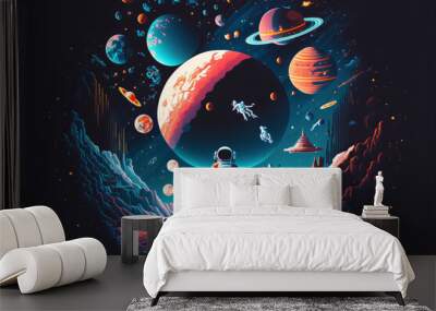 Space, science fiction, future. retro illustrations of astronaut, galaxy, planet, moon, space objects for poster, background or cover, generative ai Wall mural