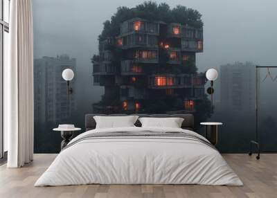 tree-like surrealist building with many windows in a dark futuristic atmosphere Wall mural