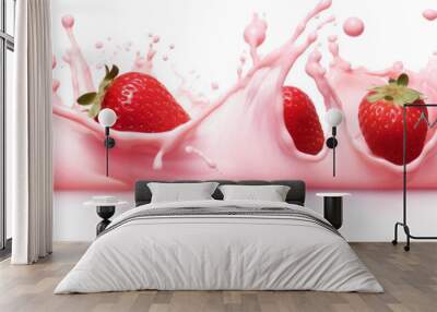 Milk splash with strawberries isolated on white background Wall mural