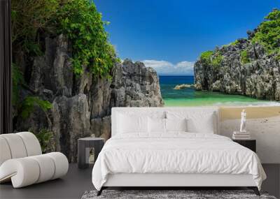 Limestone rock formation on Lahus Island beach in the municipality of Caramoan, Camarines Sur Province, Luzon in the Philippines, region for Survivor TV shows filming. Wall mural