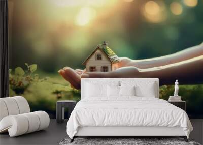 Close-Up of Hands Holding a Small House Amidst Nature