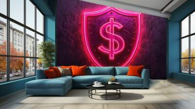 A vibrant pink neon shield featuring a dollar sign symbolizes protection and wealth in a modern, digital aesthetic. Wall mural