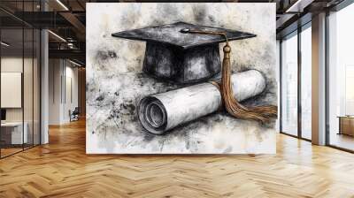 Artistic Illustration of Graduation Cap and Diploma Scroll with Grunge Background Wall mural