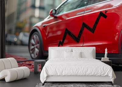 Red Electric Car with Unique Black Arrow Design Parked on Urban Street with Charging Cable Wall mural