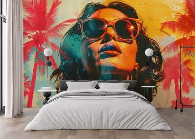 Vibrant Artistic Portrait of a Woman in Sunglasses with Tropical Palm Trees and Bold Colors Wall mural